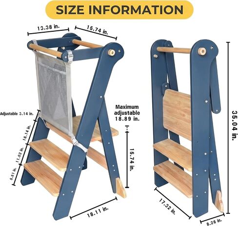 Foldable Toddler Tower for Kitchen Learning, Adjustable Height Kids Standing Stool with Safety Net - Folding Step Stool for Cooking & Eating, Ages 18 Months to 6 Years (Blue Gray) in Kuwait