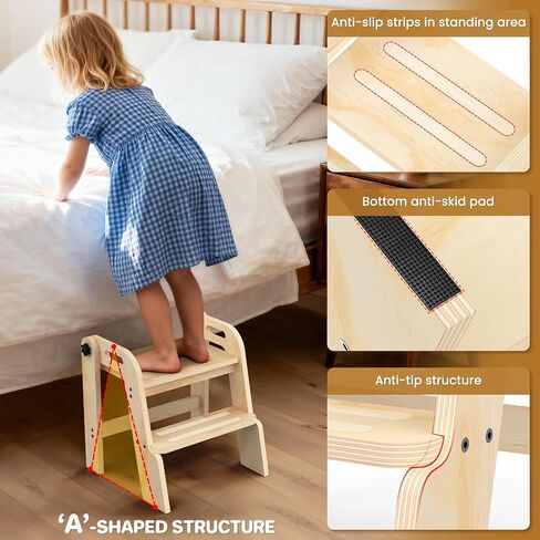 Wooden Toddler Step Stool, Foldable 2-Step Stool for Kids Bathroom Sink, Toilet Potty Training with Handles, Anti-Slip for Kitchen, Nursery, Bedroom in Kuwait
