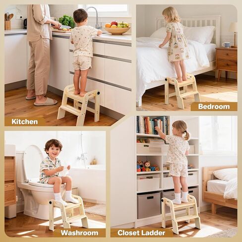 Wooden Toddler Step Stool, Foldable 2-Step Stool for Kids Bathroom Sink, Toilet Potty Training with Handles, Anti-Slip for Kitchen, Nursery, Bedroom in Kuwait