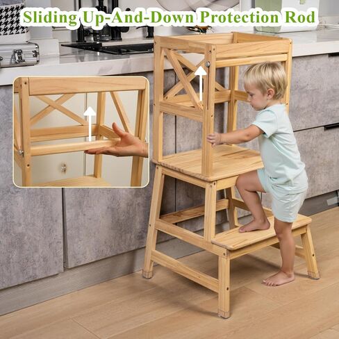Toddler Tower,Kitchen Step Stool with CPC Certification,Sliding Anti-Fall Safety Bar,Solid Wood Kid Kitchen Stool for 18 Months to 3 Years Old(Natural) in Kuwait