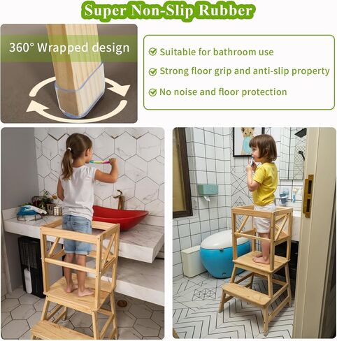 Toddler Tower,Kitchen Step Stool with CPC Certification,Sliding Anti-Fall Safety Bar,Solid Wood Kid Kitchen Stool for 18 Months to 3 Years Old(Natural) in Kuwait