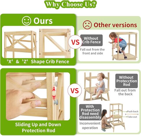 Toddler Tower,Kitchen Step Stool with CPC Certification,Sliding Anti-Fall Safety Bar,Solid Wood Kid Kitchen Stool for 18 Months to 3 Years Old(Natural) in Kuwait