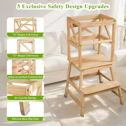 Toddler Tower,Kitchen Step Stool with CPC Certification,Sliding Anti-Fall Safety Bar,Solid Wood Kid Kitchen Stool for 18 Months to 3 Years Old(Natural) in Kuwait