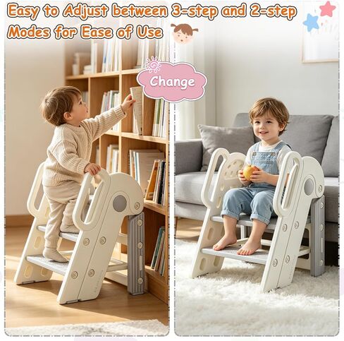Foldable Toddler Step Stool for Bathroom Sink, Adjustable Kids 3 Step Stool | Toilet Potty Training Stools with Handles, Non-Slip, Child Plastic Ladder Learning Helper Stool for Kitchen Counter Bedroom in Kuwait