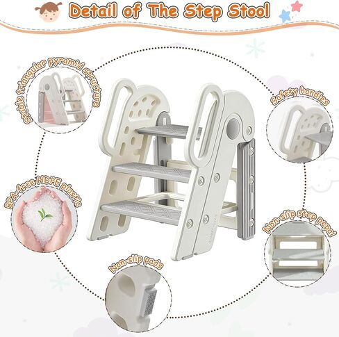 Foldable Toddler Step Stool for Bathroom Sink, Adjustable Kids 3 Step Stool | Toilet Potty Training Stools with Handles, Non-Slip, Child Plastic Ladder Learning Helper Stool for Kitchen Counter Bedroom in Kuwait
