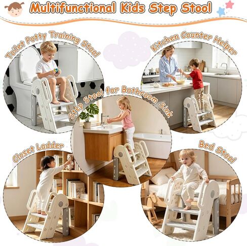 Foldable Toddler Step Stool for Bathroom Sink, Adjustable Kids 3 Step Stool | Toilet Potty Training Stools with Handles, Non-Slip, Child Plastic Ladder Learning Helper Stool for Kitchen Counter Bedroom in Kuwait