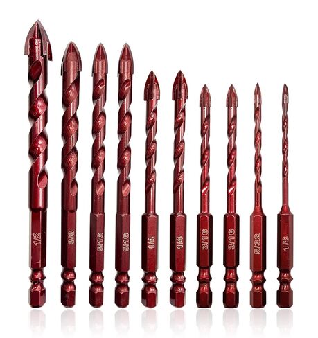 FEWELL Masonry Drill Bits 10 Pcs, Concrete Drill Bit Set Size 1/8" to 1/2" | High Cobalt Tile Drill Bit Set for Tile Glass Metal Brick Concrete Ceramic Plastic Wood in Kuwait