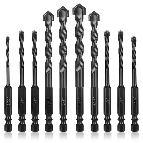 HPHOPE 10Pcs Masonry Drill Bit Set 3/16"-1/2", Professional 1/4" Hex Shank Concrete Drill Bits for Glass/Brick/Cement/Tile/Etc, Industrial Strength Carbide Wide Flute Drill Bit Tips in Kuwait