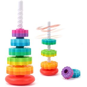 Riuja Baby Spinning Stacking Toys, 1-3 Rainbow Ring Stacker Montessori Toys for Babies, Sensory Toys for Toddlers, Christmas and Birthday Gifts Suitable for Boys and Girls (14 inches) in Kuwait