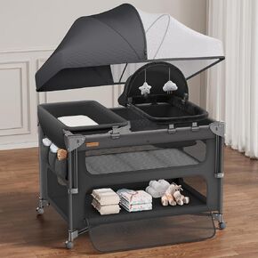ANGELBLISS Baby Bassinet Bedside Crib, 5-in-1 One-Push Instant Fold Pack and Play with Changing Table, Napper Bassinet, Mattress & Mosquito Net, Portable Playard for Newborns to Toddlers in Saudi Arabia