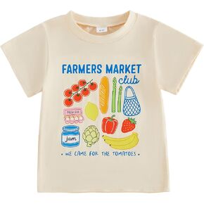 Toddler Girls Boys Tee Strawberry Print T-Shirt Kids Short Sleeve Fruit Vegetable Shirt Cute Summer Top Clothes (Khaki, 2-3 Years) in Kuwait