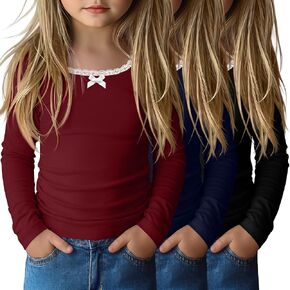 3 Pack Toddler Girls Long Sleeve Shirts Lace Trim Bow U Neck Tops for Baby Girl Ruched Side Slim Fit Fall Tee 18M-5T in Saudi Arabia
