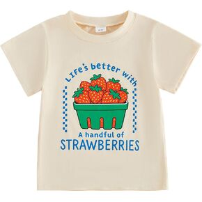 Toddler Girls Boys Tee Strawberry Print T-Shirt Kids Short Sleeve Fruit Vegetable Shirt Cute Summer Top Clothes (Ivory, 3-4 Years) in Kuwait