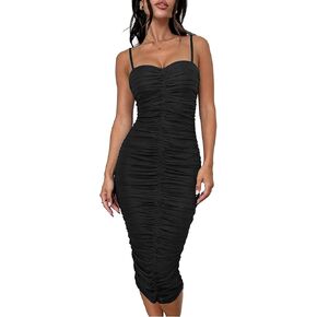 Womens Summer Sweetheart Neckline Dress 2026 Elegant Mesh Ruched Sleeveless Wedding Guest Cocktail Bodycon Dresses Black Medium in Kuwait