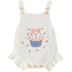 Baby Girl First Birthday Outfit 1 Cake Embroidery Sleeveless Knit Sweater Romper Knitted Ruffle Overalls Bodysuit in Kuwait