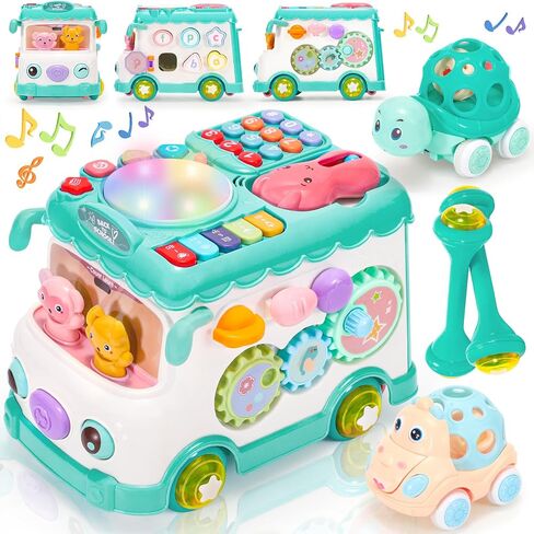 AmiDear Baby Gift for 1-2 Year Old Girl, 10-in-1 Montessori Toys Bus for Baby 6-12-18 Months+, Educational Musical Sensory Learning Toddler Toys Age 1-2, First Christmas and Birthday Gifts Pink in Kuwait