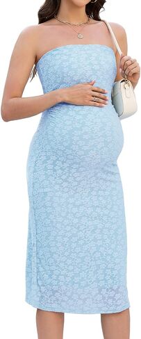 Maternity Dress Pregnancy Summer Dress for Photoshoot Baby Shower | Off Shoulder, Floral Mesh, Bump Friendly, Soft Stretch Fabric, Maternity Wedding Guest Dress in Kuwait