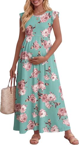Huukeay Women Maternity Dress Ruffle Sleeve Floral Summer Casual Pregnancy Clothes Flowy Baby Shower Photoshoot Outfits in Kuwait