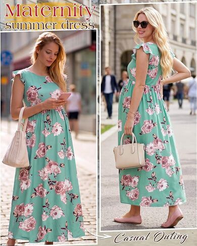 Huukeay Women Maternity Dress Ruffle Sleeve Floral Summer Casual Pregnancy Clothes Flowy Baby Shower Photoshoot Outfits in Kuwait