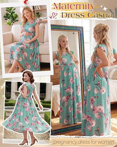 Huukeay Women Maternity Dress Ruffle Sleeve Floral Summer Casual Pregnancy Clothes Flowy Baby Shower Photoshoot Outfits in Kuwait