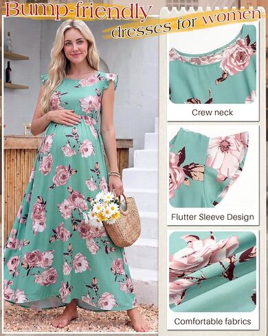 Huukeay Women Maternity Dress Ruffle Sleeve Floral Summer Casual Pregnancy Clothes Flowy Baby Shower Photoshoot Outfits in Kuwait