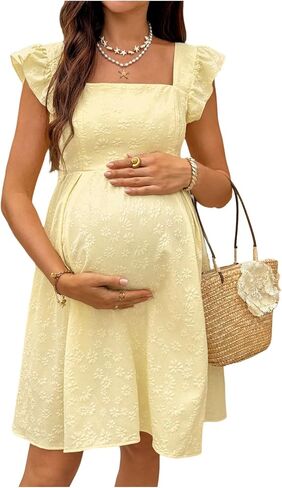 RoseSeek Women's Maternity Dress Square Neck Ruffle Sleeve Summer Dresses | Jacquard Maternity Dress, Square Neck, A Line, Vacation Outfits, Summer, Pregnancy Clothes in Kuwait