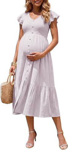 Summer Mae Smocked Maternity Dress Baby Shower Summer Ruffle Sleeve Dresses | Women Pregnancy midi dress, perfect outfit for wedding guest and photoshoot, elegant V-neck, flowy Design in Kuwait