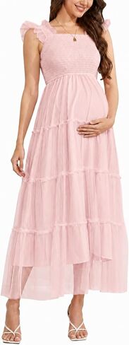 guruixu Smocked Tulle Maxi Maternity Dress for Photoshoot Baby Shower | Ruffle Straps, On or Off Shoulder, Square Neck Sleeveless A Line, Wedding Guest Formal Pregnancy Dress in Kuwait