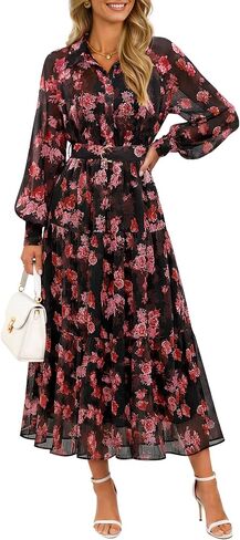 ZESICA Women's Long Sleeve Floral Casual Flowy Wedding Guest Maxi Dresses | High Waist A Line Long Dress, Collared Button Belted Dress, Boho Cocktail Party Dress, 2026 Fall Fashion Dress, Side Pockets in Kuwait