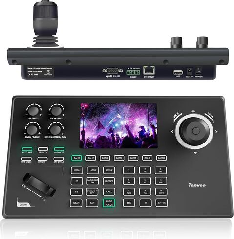 Tenveo NDI PTZ Camera Controller, 5'' LCD Screen Preview, 4D Joystick, PoE IP PTZ Controller Keyboard for Church Worship Live Streaming Broadcasts Events Video Production, NDI License Included in Kuwait