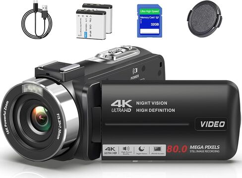 4K UHD 80MP Video Camera Camcorder for YouTube Vlogging Webcam | 18X Digital Zoom, Autofocus, 3.0" 270° Rotatable IPS Screen, IR Night Vision; Includes 32GB SD Card, Lens Cap & 2 Batteries in Kuwait