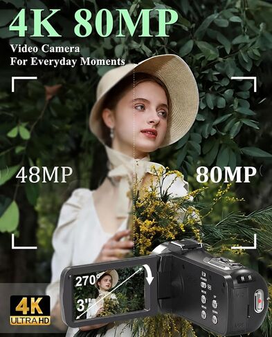 4K UHD 80MP Video Camera Camcorder for YouTube Vlogging Webcam | 18X Digital Zoom, Autofocus, 3.0" 270° Rotatable IPS Screen, IR Night Vision; Includes 32GB SD Card, Lens Cap & 2 Batteries in Kuwait
