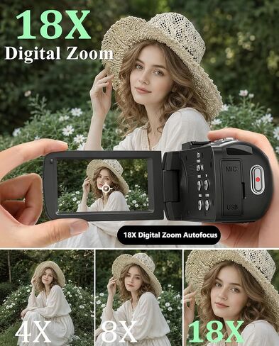 4K UHD 80MP Video Camera Camcorder for YouTube Vlogging Webcam | 18X Digital Zoom, Autofocus, 3.0" 270° Rotatable IPS Screen, IR Night Vision; Includes 32GB SD Card, Lens Cap & 2 Batteries in Kuwait