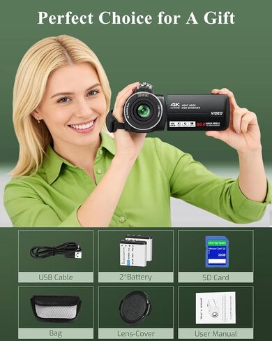 4K UHD 80MP Video Camera Camcorder for YouTube Vlogging Webcam | 18X Digital Zoom, Autofocus, 3.0" 270° Rotatable IPS Screen, IR Night Vision; Includes 32GB SD Card, Lens Cap & 2 Batteries in Kuwait