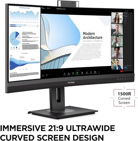 ViewSonic VG3457CV 34 Inch 1440p Ultrawide Docking Monitor, Curved IPS with Windows Hello IR Webcam Compatibility for Smooth Video Conferencing, Full Ergonomic Adjustability, 100W USB-C, and HDMI in Kuwait