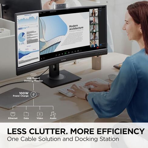 ViewSonic VG3457CV 34 Inch 1440p Ultrawide Docking Monitor, Curved IPS with Windows Hello IR Webcam Compatibility for Smooth Video Conferencing, Full Ergonomic Adjustability, 100W USB-C, and HDMI in Kuwait