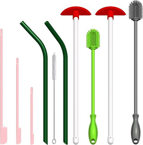 10-Piece Silicone Cleaning Kit, 2 Bottle Brushes, 2 Cleaning Scrapers, 3 Jar Spatula Scrapers, 2 Reusable Silicone Straws & 1 Straw Brush, Multicolor Assorted Sizes for Bottles, Cups, Jars & Kitchen in Kuwait