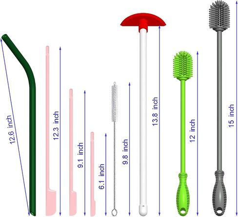 10-Piece Silicone Cleaning Kit, 2 Bottle Brushes, 2 Cleaning Scrapers, 3 Jar Spatula Scrapers, 2 Reusable Silicone Straws & 1 Straw Brush, Multicolor Assorted Sizes for Bottles, Cups, Jars & Kitchen in Kuwait