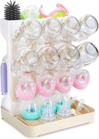 Baby Bottle Drying Rack: Space Saving Vertical Bottle Drying Holder with Brushes Holder - Large Bottle Storage Holder Organizer 12 Bottles & Baby Accessories,BPA-Free, Gray in Kuwait
