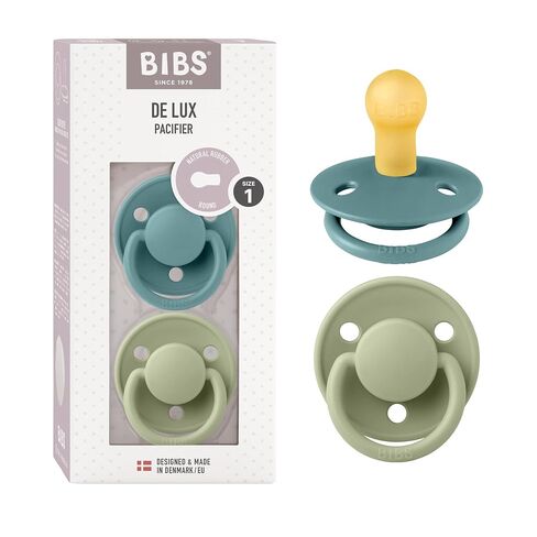 BIBS Pacifiers - De Lux Collection | BPA-Free Baby Pacifier | Made in Denmark | Set of 2 Sage Night/Cloud Night Color Premium Soothers | Size 6-18 Months | Natural Rubber Latex | Size 2 | BPA-Free | Made in Denmark | Glow Handle | High Nipple Acceptance | in Kuwait