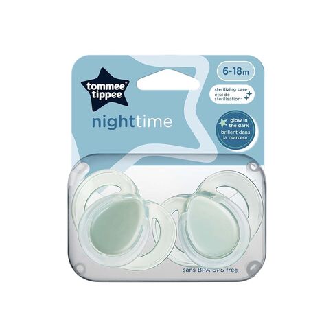 Tommee Tippee Night Time Pacifier, 6-18 Months, Symmetrical Silicone Baglet, BPA-Free Binkies, Glow in The Dark Technology, Pack of 2 with Reusable Sterilizer Pod in Kuwait