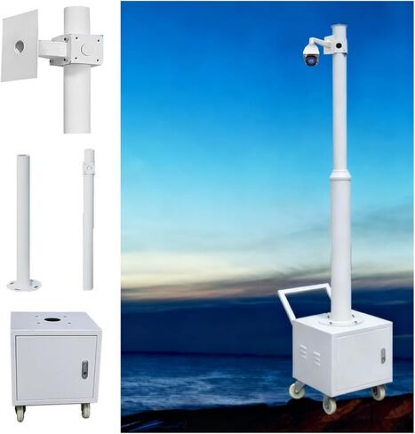 This Adjustable CCTV Pole Stand with 4 Wheels & Storage Box, 2-Section Security Camera Mount, Heights: 7.5-14.8ft, Perfect for Surveillance Systems & Outdoor Use in Kuwait