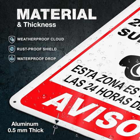 24 Hour Video Surveillance Sign, 8x12 Reflective Aluminum, Bilingual | English & Spanish Security Camera Warning Sign, Lightweight, Pre-Drilled for Homes, Garages, Offices, Retail, Indoor Outdoor in Kuwait