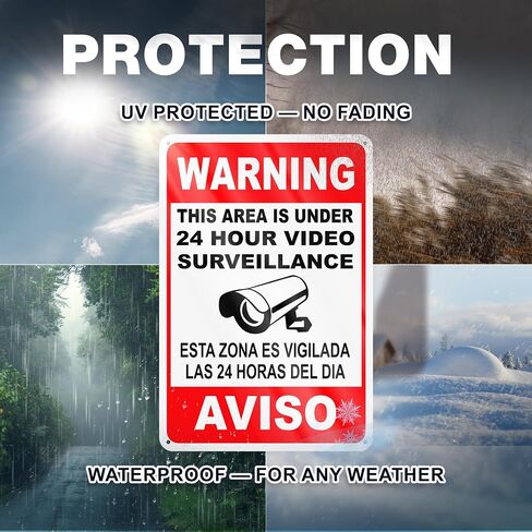 24 Hour Video Surveillance Sign, 8x12 Reflective Aluminum, Bilingual | English & Spanish Security Camera Warning Sign, Lightweight, Pre-Drilled for Homes, Garages, Offices, Retail, Indoor Outdoor in Kuwait
