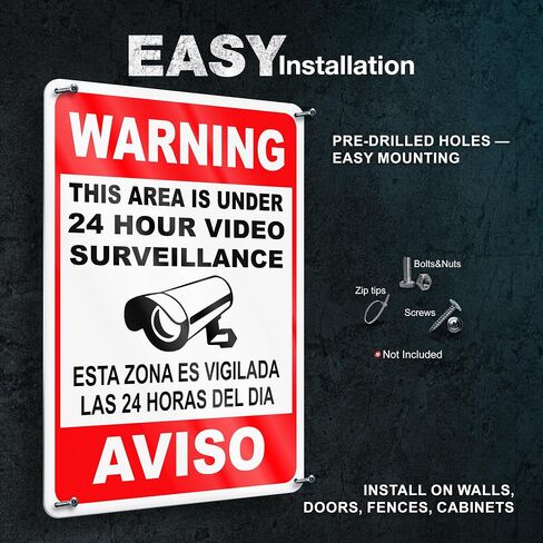 24 Hour Video Surveillance Sign, 8x12 Reflective Aluminum, Bilingual | English & Spanish Security Camera Warning Sign, Lightweight, Pre-Drilled for Homes, Garages, Offices, Retail, Indoor Outdoor in Kuwait