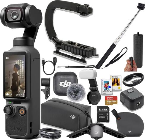 DJI Osmo Pocket 4 Creator Combo, 4K/240fps Vlog Camera, 3-Axis Stabilization, Active Track 7.0, Mic + Fill Light Included + 128GB Memory, Grip, U Grip, Selfie Stick + More (Renewed) in Kuwait