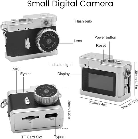 Small Digital Camera HD-1080p, 8GB Memory Card, Dual Travel Keychains Charm | 0.96" Screen Point-and-shoot Mini Digital Camera with 5 Filters, Pocket Size Camcorder Gadget, OTG Adapter, Beginnners Gift in Kuwait