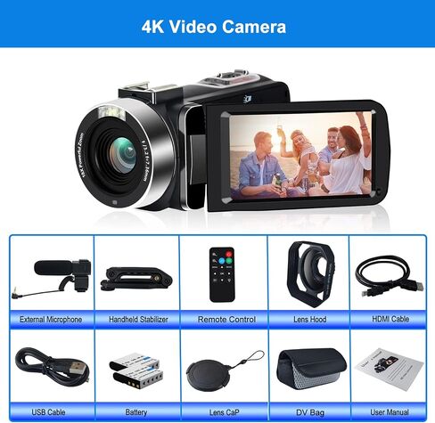 4K Video Camera, Camcorder 48MP Ultra HD WiFi Vlogging Camera for YouTube 18X Zoom 3.0" Touch Screen Digital Camera with Microphone, Stabilizer, Lens Hood, Remote, 2 Batteries in Kuwait