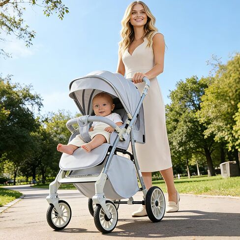 Baby Stroller, 2-in-1 Reversible Toddler Seat with Snack Tray, Foldable Infant Stroller with Canopy, One Button Brake, Adjustable Handle, Newborn Pushchair (Grey) in Kuwait