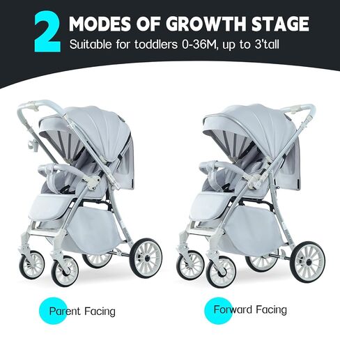 Baby Stroller, 2-in-1 Reversible Toddler Seat with Snack Tray, Foldable Infant Stroller with Canopy, One Button Brake, Adjustable Handle, Newborn Pushchair (Grey) in Kuwait
